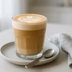 En vacker kaffe latte med latte art på en ljusgrå tallrik, bredvid en sked och en linneservett. Perfekt för ett kaffe latte recept.
