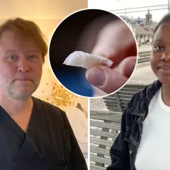En man i vårdkläder och en kvinna på en perrong. I mitten en närbild på en snusprilla, som visar hur snus påverkar huden.