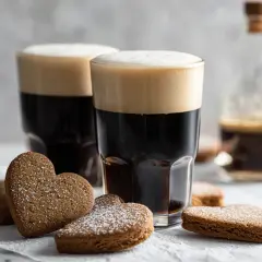 Två glas med mörkt kaffe och krämigt skum, omgivna av hjärtformade pepparkakor. En flaska med Baileys i bakgrunden antyder en härlig drink.
