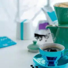 En turkos kaffekopp med fat står framför en grön kaffekanna med filterhållare. Kaffebönor och en vaniljstång ligger bredvid. En fin morgon med gott kaffe.