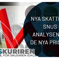 Snus nyheter: Analys av nya skatten och priser på snus. En kalkylator och en röd nedåtgående pil antyder ekonomiska förändringar.