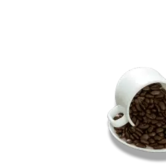 En vit kaffekopp med bönor som rinner ut på fatet, redo för en härlig kaffe mocha.