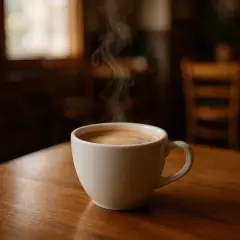 En ångande kopp kaffe på ett träbord. Frågan är hur mycket koffein i koffeinfritt kaffe?