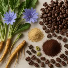 Cikoriarötter, blommor, kaffebönor och pulver. Vissa upplever biverkningar av cikoriakaffe.