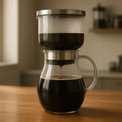 En elegant glaskaraff med en överdel där kaffe droppar ner. Ett sätt att brygga kaffe utan kaffebryggare.