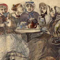 Kvinnor samlas kring ett bord för te, en scen som påminner om tidig kaffebryggare historia. En tekanna står i centrum.