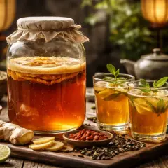 Stor burk med kombucha, två glas med dryck, ingefära, lime och teblad. Perfekt för ditt kombucha recept.