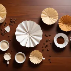 En samling blekta eller oblekta kaffefilter, kaffebönor och kaffepulver på en träyta.
