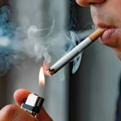 En person tänder en cigarett med en tändare. Röken virvlar. Hur många gram tobak i en cigarett är en fråga som många undrar över.