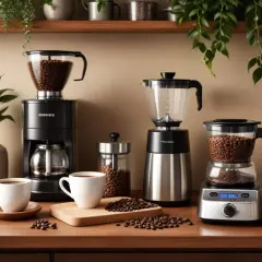 Flera kaffebryggare och bönor på en bänk. En kopp kaffe väntar, redo att avnjutas. Perfekt för att frysa kaffe och spara till senare.