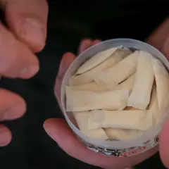Händer håller en dosa med portionspåsar av riktig tuggtobak.