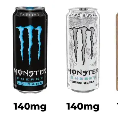 Jämför koffeinhalt: Monster Energy Lo-Carb (140mg), Zero Ultra (140mg) och Java Monster (150mg). Vilken energidryck har mest koffein?