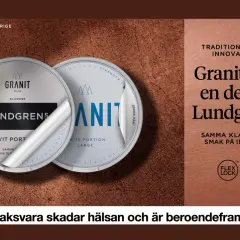 Two snus cans, one Lundgrens and one Granit, are shown with text about tradition and innovation.