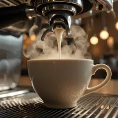 En ångande kopp kaffe fylls från en espressomaskin. Tänk på hur mycket koffein per dag som är lagom för dig.