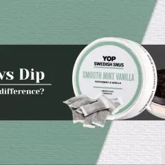 En dosa YOP Swedish Snus, "Smooth Mint Vanilla", med påsar och en öppen dosa med lössnus. Jämförelse mellan snus och dip.