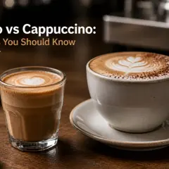 Två kaffedrycker, en cortado i ett glas och en cappuccino i en mugg, med texten "Cortado vs Cappuccino".
