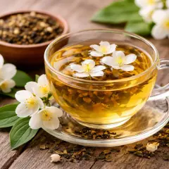 En kopp gyllene te med jasminblommor flytande på ytan. Bredvid står en skål med teblad, redo att brygga te.