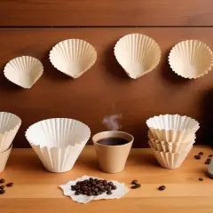 En rad olika kaffefilter i olika storlekar, redo för ett kaffefilter test. En kopp ångande kaffe och bönor fullbordar scenen.