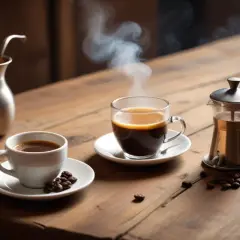 Två koppar ångande kaffe och en liten presskanna på ett träbord. En flamma lyser i en metallbehållare. En perfekt kaffe cocktail för en mysig stund.