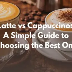 Två kaffedrycker, en latte i glas och en cappuccino i kopp, visar skillnad mellan latte och cappuccino.