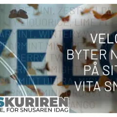 Velo byter namn till Vita Snus. Bilden visar texten "Velo byter namn på sitt vita snus" och en lista med smaker.