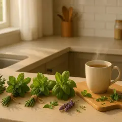 En kopp ångande örtte, en härlig alternativ till kaffe, med färska örter som rosmarin, mynta och basilika på köksbänken.