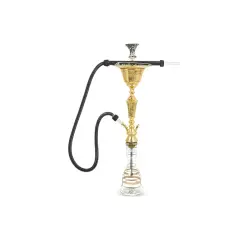 En vacker vattenpipa av märket Khalil Mamoon, med gyllene detaljer och en klar glasbehållare.