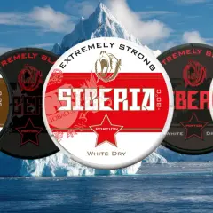 Siberia snus, med sina extremt starka varianter, kan vara farligt. Bilden visar flera dosor med isberg i bakgrunden.