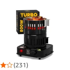 Svart elektrisk koltändare med "TURBO" och "800W" på lådan. Glödande kol ligger i den uppvärmda behållaren.