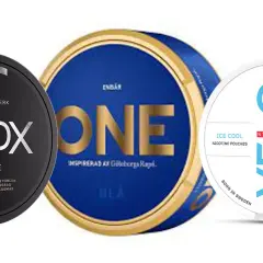 Three snus cans: Knox White, One, and Velo Ice Cool Strong.