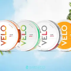 Velo Sverige: fyra dosor nikotinpåsar med olika smaker och styrkor, omgivna av palmer mot en blå himmel.