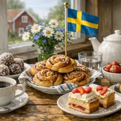 En svensk fika med kanelbullar, jordgubbstårta, chokladbollar och kaffe. En perfekt dag för max kaffe och godsaker.