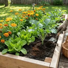 En hand med handske planterar i en upphöjd bädd med sallat och ringblommor. Kaffesump används som gödsel.
