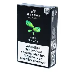 Al Fakher mint flavor, en svart ask med en mintkvist och varningstext om nikotin.