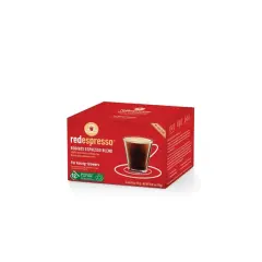 Röda förpackningen med Redespresso Rooibos Espresso Blend. Detta rooibos te är koffeinfritt och passar för Keurig-bryggare.