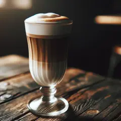 En vacker wiener melange kaffe med lager av mjölk och espresso, toppad med krämigt skum, står på ett rustikt träbord.