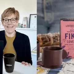 Kvinna ler vid datorn, bredvid en förpackning med LÖFBERGS FIKA LOVERS kaffe, en symbol för svenska kafferosterier.