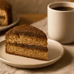 En saftig kaffekaka med kanelfyllning, perfekt för Fredriks fika. En kopp kaffe står bredvid.