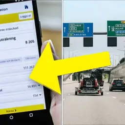 Phone screen showing tax declaration and highway signs with Swedish cities.