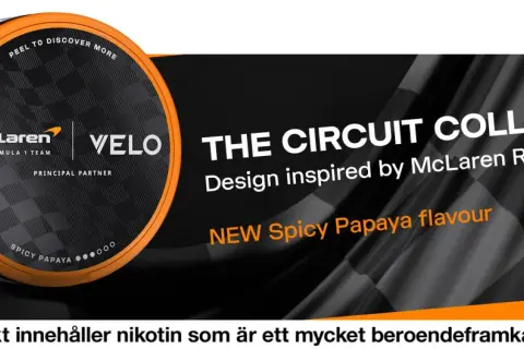 VELO McLaren Circuit Collection med smak av Spicy Papaya. En ny bat snus inspirerad av McLaren Racing.