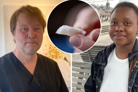 En man i vårdkläder och en kvinna på en perrong. I mitten en närbild på en snusprilla, som visar hur snus påverkar huden.