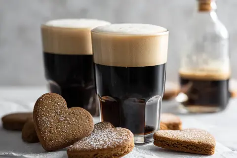Två glas med mörkt kaffe och krämigt skum, omgivna av hjärtformade pepparkakor. En flaska med Baileys i bakgrunden antyder en härlig drink.