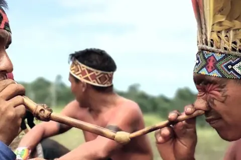 Män med traditionella huvudbonader använder en träpipa för att administrera rapé, vilket ger en intensiv rapé effekt.