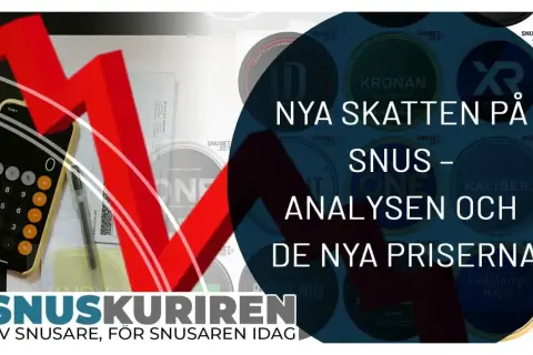Snus nyheter: Analys av nya skatten och priser på snus. En kalkylator och en röd nedåtgående pil antyder ekonomiska förändringar.