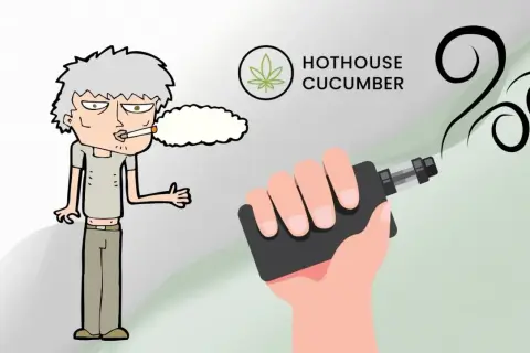 En person röker cigarett, en annan håller en vape. Bilden visar hur fungerar vape, med texten "Hothouse Cucumber".