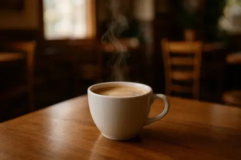 En ångande kopp kaffe på ett träbord. Frågan är hur mycket koffein i koffeinfritt kaffe?