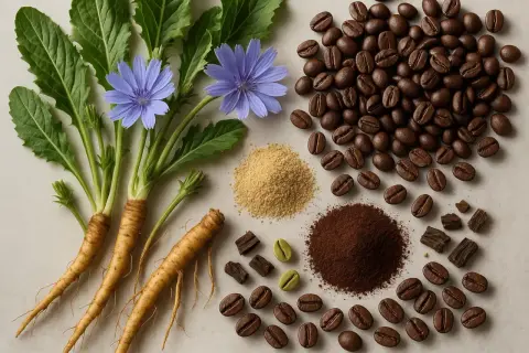 Cikoriarötter, blommor, kaffebönor och pulver. Vissa upplever biverkningar av cikoriakaffe.