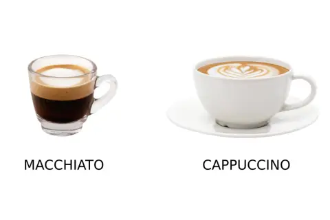 Macchiato i en liten glasbehållare bredvid en cappuccino i en vit kopp.