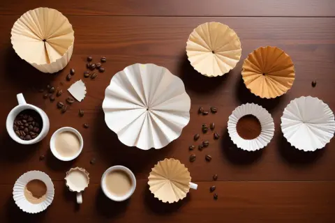 En samling blekta eller oblekta kaffefilter, kaffebönor och kaffepulver på en träyta.