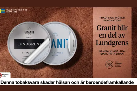 Two snus cans, one Lundgrens and one Granit, are shown with text about tradition and innovation.